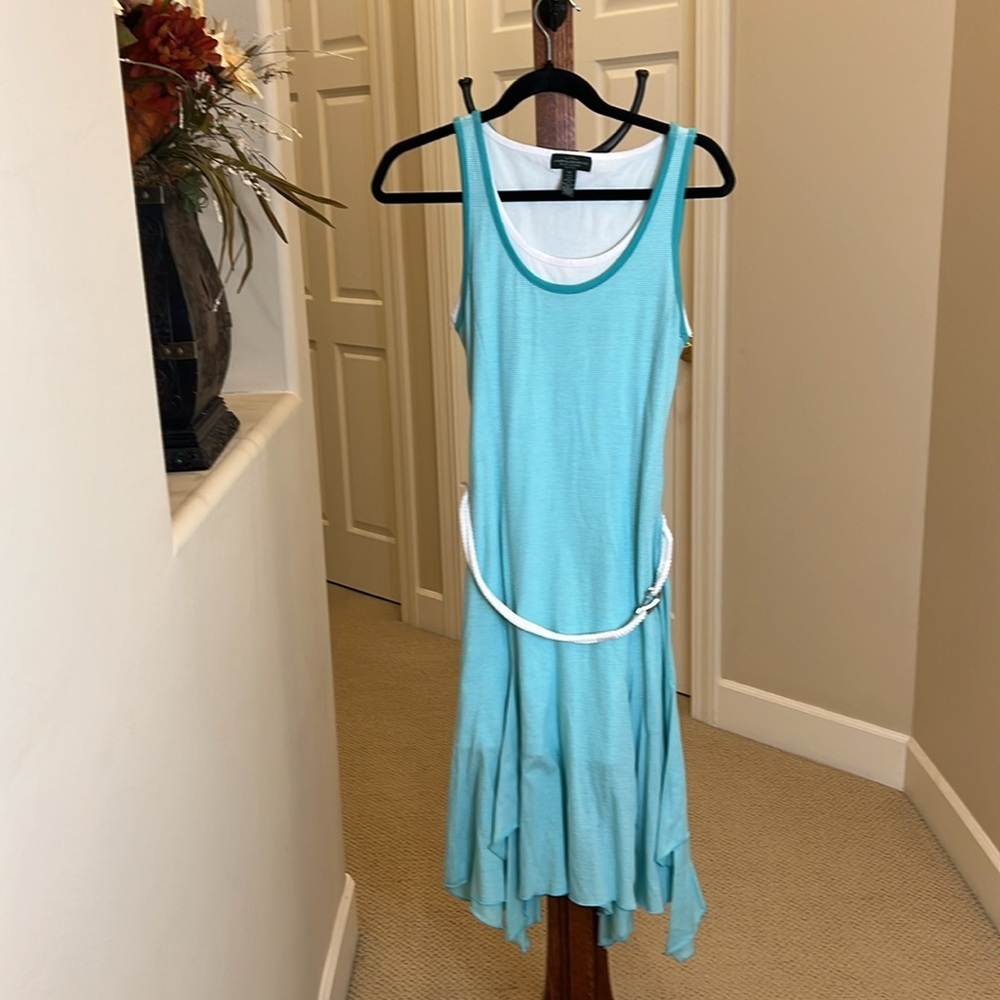 LRL LAUREN JEANS Co Hankerchief Hem Belted Tank Dress Pinstripe Sz Petite Sm
